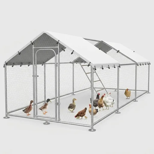 9.9x19.7 FT Large Metal Chicken Coop, Walk-in Poultry Run Enclosure | 3-Room Chicken Run, Reinforced Metal Frame, Waterproof Cover, Walk-in Poultry Cage for Ducks and Backyard Farming