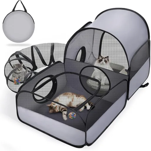 Portable Cat Playpen with Surround Tunnel, 2-Linked-Enclosed Areas, Ideal Cat Tent Outdoor or Cat Playpen for Indoor Cats Enclosed.Breathable Mesh Design for Indoor & Outdoor Use(Grey)