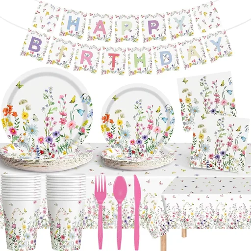 170 Pcs Spring Flower Birthday Party Decorations Sets, Includes Happy Birthday Banner, Floral Plates, Napkins, Cups, Plastic Silverware, Tablecloth for Wildflower Bday Party Supplies Decor, Serve 24