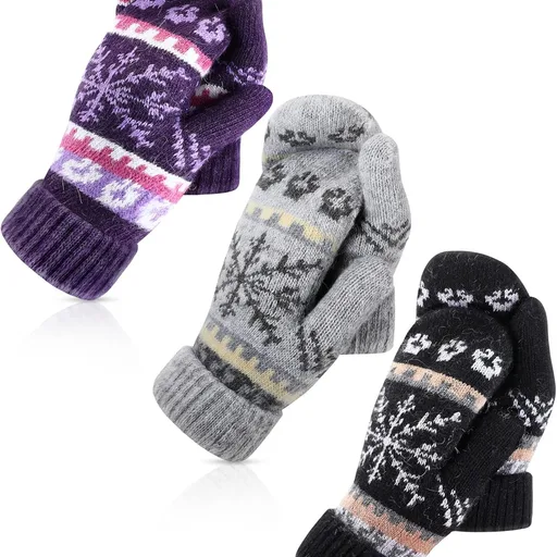 Vicenpal 3 Pairs Mittens for Women Cold Weather Winter Warm Lining Mittens Knit Thick Wool Gloves for Winter Cold Weather