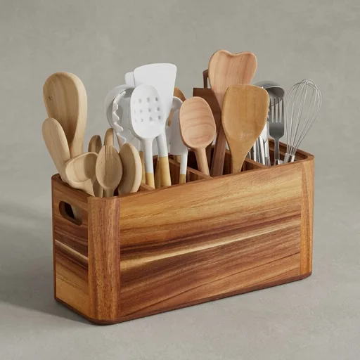 Utensil Holder for Kitchen Counter, Extra Large Utensil Holder for Countertop with 4 Compartments Wooden Cooking Utensil Organizer for Spatula Kitchen Storage, Acacia Wood