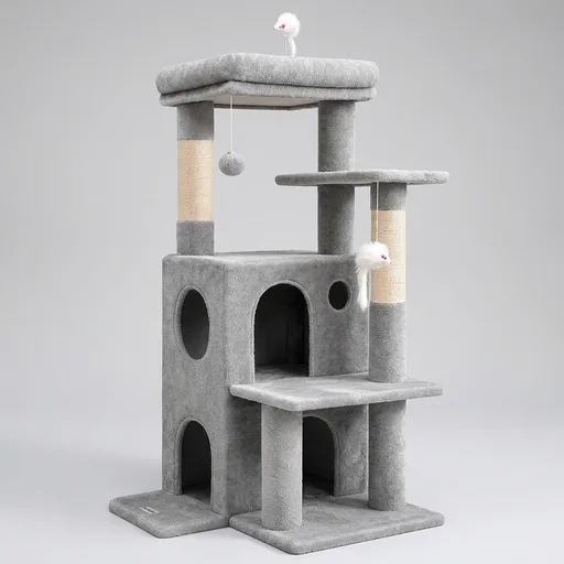 Globlazer Cat Tree Tower for Indoor Cats, 50-inch Adult Cat Tree House for Large Adult Cats with Steps, Scratching Post, 2 Cat Caves, Dangling Toys, FC50, Light Grey