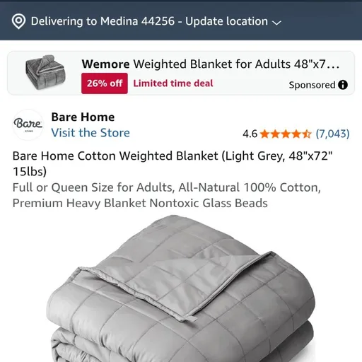 Bare Home Cotton Weighted Blanket (Light Grey, 48"x72" 15lbs)
