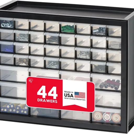 IRIS USA 44-Drawer Small Parts Organizer, Made in USA, Storage Drawers for Screws, Nuts, Bolts, Electronics, Hardware, Beads, Crafts, Building Bricks, Stackable Garage Storage Cabinet, Black