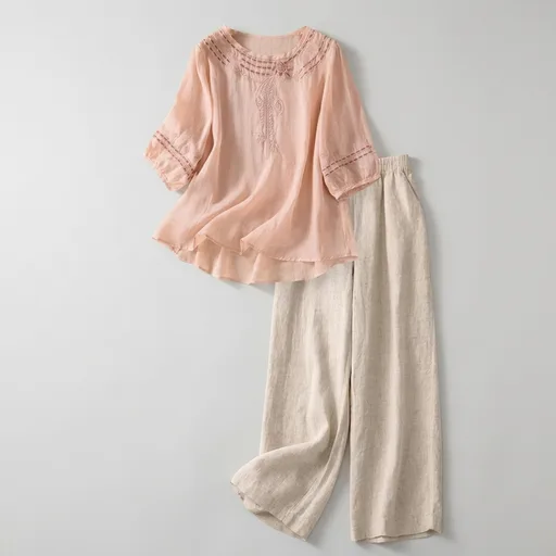 Women Pants Set 2PC Outfits Summer Embroidered Gauze Tops with Wide Leg Elastic Waist Palazzo Pants Beach Boho Sets