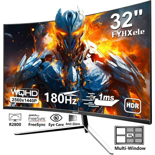 Gaming Monitor, Curved Computer Monitor 32'', Curved Gaming Monitor QHD(2560x1440) 180Hz, Curved Monitor w/Multi-Window, R2800, HDR, FreeSync, 1ms Display, Eye Care|Anti-Glare,PC Monitors Black