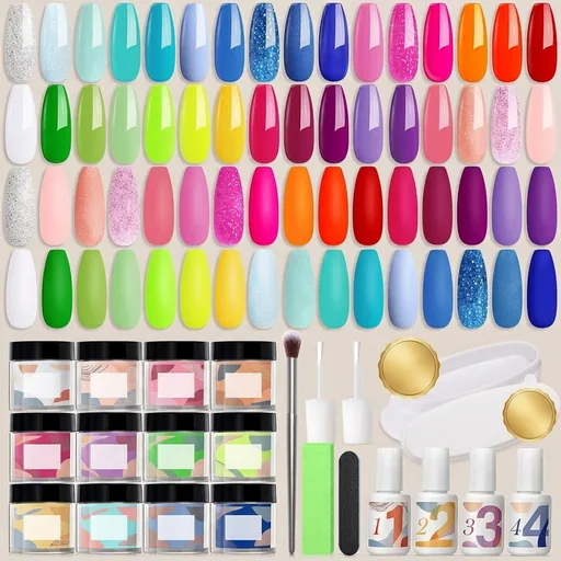 AZUREBEAUTY Spring Summer Bright Pastel Neon Color 42 Pcs Dip Powder Nail Kit, Pink Yellow Purple Mint Green Color Dip Nails Powder Starter Set with Essential Liquid Recycling Tray Nail Manicure