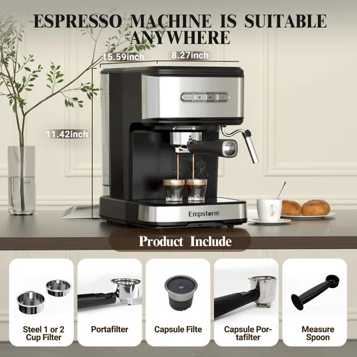 Espresso Machine with Milk Frother Steam, Stainless Steel 1100W
