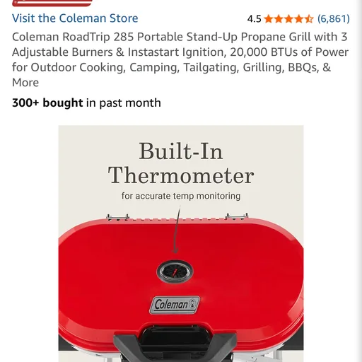 Coleman RoadTrip 285 Portable Stand-Up Propane Grill with 3 Adjustable Burners & Instastart Ignition, 20,000 BTUs of Power for Outdoor Cooking, Camping, Tailgating, Grilling, BBQs, & More