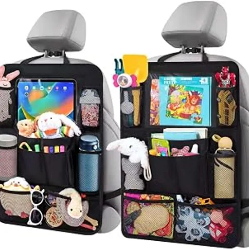 Backseat Car Organizer w/ 10 Storage Pockets 11" Tablet Holder, 2 PCS Black | Car Organizers and Storage Kick Mats Back Seat Protector w/ Touch Screen Tablet Ho
