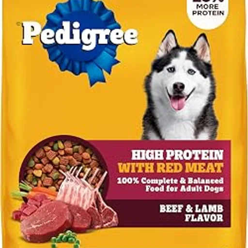 Pedigree High Protein Adult Dry Dog Food, Beef and Lamb, 18 lb | Real red meat, 25% more protein, 36 vitamins & minerals, prebiotic fiber, Omega 6 & Zinc, 100%