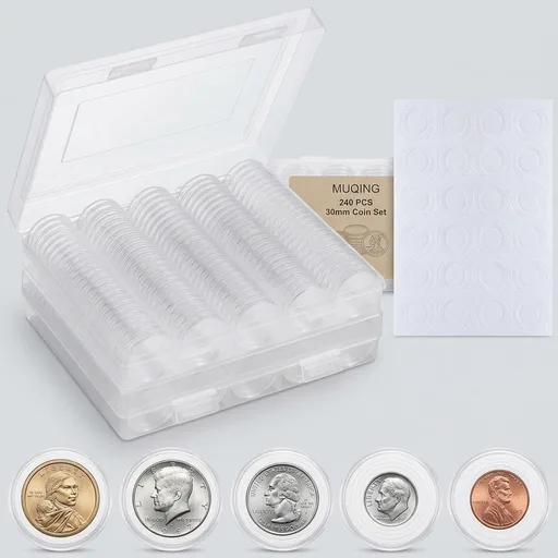 MUQING 240 PCS 30mm Plastic Coin Capsule Holder, 5 Sizes Protect Gasket Coin Case for Collectors, Round Coin Collecting Supplies with Storage Box