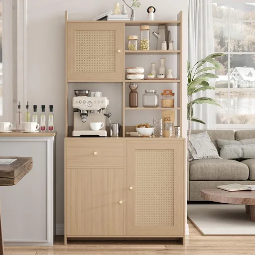 IDEALHOUSE Kitchen Pantry Cabinet with Adjustable Shelf, 71" Tall Storage Cabinet with Microwave Stand, Food Pantry Cabinets for Kitchen, Dining Room, Living Room, Natural