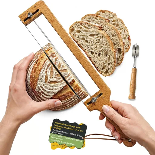 Adjustable Bread Knife & Slicer for Homemade Bread and Sourdough Loaves, Serrated Stainless Blade, 1/4- to 2-Inch Thickness Guide, Includes Bread Lame Scoring Tool