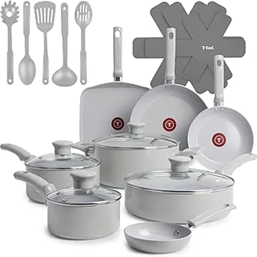 T-FalRefresh Ceramic Pots and Pans Set, 20-Piece Nonstick Cookware Set, Stockpot, Griddle, Frying Pans, Utensils, Moon Grey