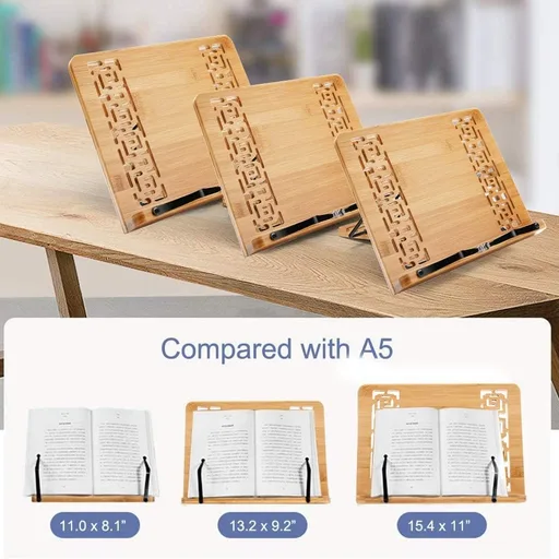 XL Large Size Bamboo Book Stand Cookbook Holder Reading Desk Bookrest with 5 Adjustable Height, Foldable Tray and Page Paper Clip Portable Sturdy Bookstands for Textbook, Magazine, Music Books, Recipe