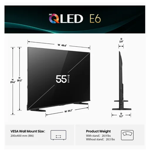 Hisense55"³ E6 Cinema series HI-QLED 4K UHD Smart fire Tv