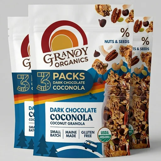 Grandy Organics Dark Chocolate Coconola - Certified Organic Grain Free Granola - 7g Protein - Gluten Free, Non GMO, Vegan & Paleo Friendly - Chocolate, Coconut, Nuts & Seeds - 3 Pack, 9oz Bags