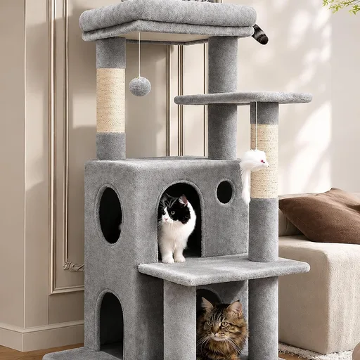 Globlazer Cat Tree Tower for Indoor Cats, 50-inch Adult Cat Tree House for Large Adult Cats with Steps, Scratching Post, 2 Cat Caves, Dangling Toys, FC50, Light Grey