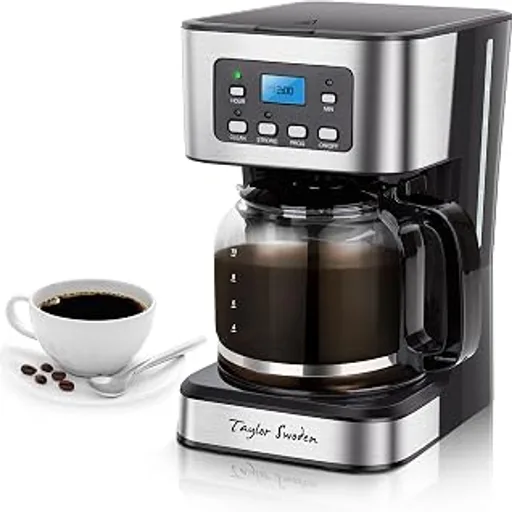 Taylor Swoden12-Cup Programmable Coffee Maker, Black & Stainless Steel | Regular & Strong Brew Drip Coffee Machine for Home and Office, 24H Timer, Glass Carafe,