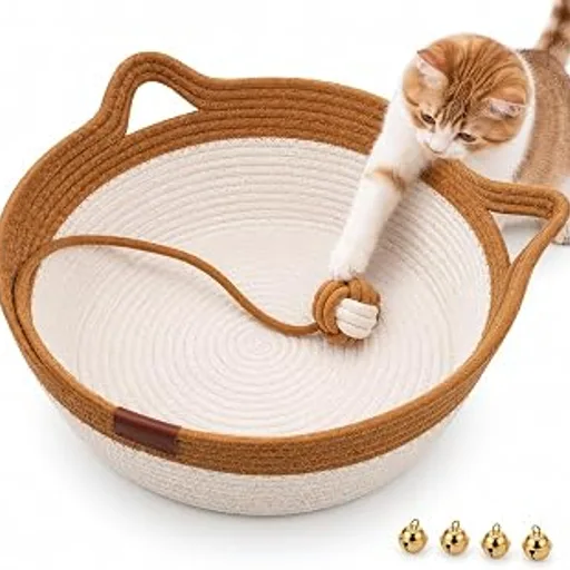 Handwoven Cotton Rope Basket for Cats, Cozy Cat Bed with Ball Toy