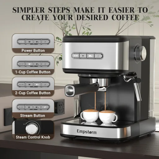 Espresso Machine with Milk Frother Steam, Stainless Steel 1100W