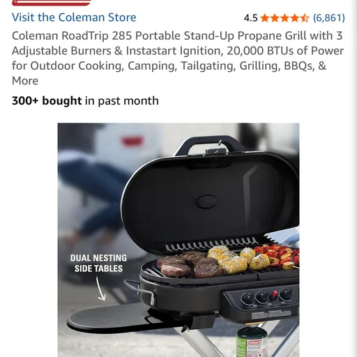Coleman RoadTrip 285 Portable Stand-Up Propane Grill with 3 Adjustable Burners & Instastart Ignition, 20,000 BTUs of Power for Outdoor Cooking, Camping, Tailgating, Grilling, BBQs, & More