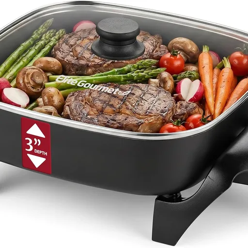 Elite Gourmet 12" PFAS-Free Ceramic Electric Skillet, 1200W, Extra-Deep