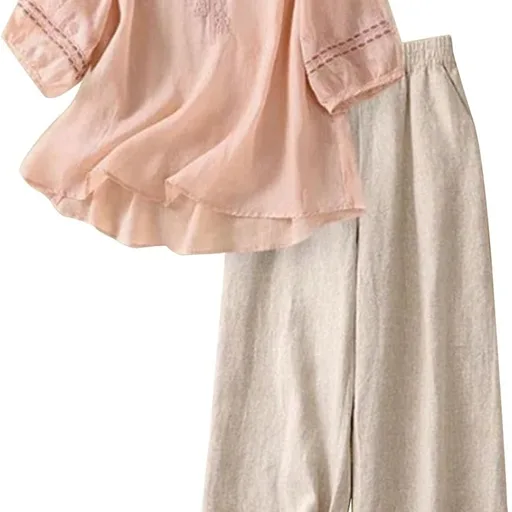Women Pants Set 2PC Outfits Summer Embroidered Gauze Tops with Wide Leg Elastic Waist Palazzo Pants Beach Boho Sets