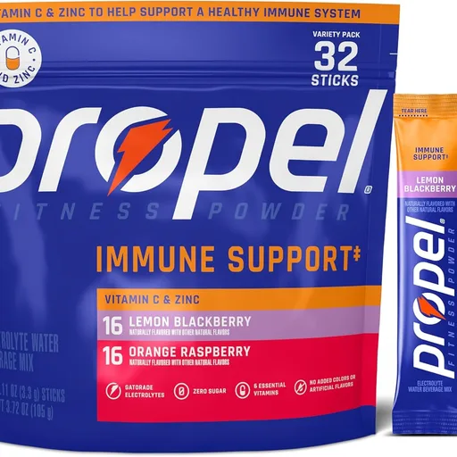 Propel Immune Support Electrolyte Powder Drink Mix, 2 Flavor Variety Pack, (32 Servings), 100% DV Vitamin C, Good Source of Zinc, Zero Sugar, No Added Colors, No Artificial Flavors