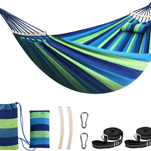 Chihee Cotton Hammock Holds Up to 660lbs Fabric Hammock 8.9x4.9ft Soft Portable Tree Hammocks Camping with Detachable Spreader Bar Pillow 2 Strong Webbings 2 Carabiners Indoor Outdoor Backyard Garden