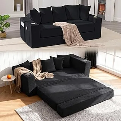 76" Convertible Sofa Bed, Corduroy Boneless Couch with Cup Holders & Pocket