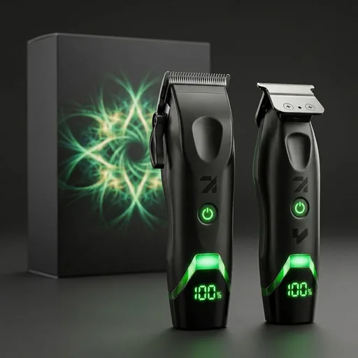 Professional Hair Clippers for Men, G-Power 7000RPM Cordless Clipper and Trimmer Set, Titanium Coated Blades, Signature Green LED Display & Glowing Interface, Black