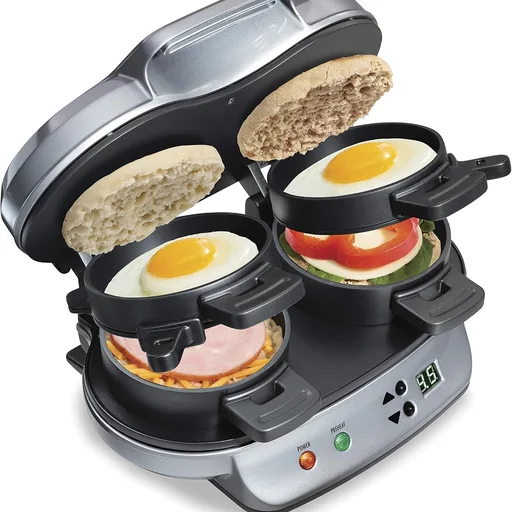 Hamilton Beach Dual Breakfast Sandwich Maker with Egg Cooker Rings & Timer