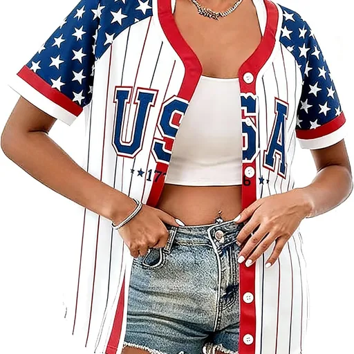 Women's American Flag Button Down Jersey Shirt Patriotic USA Short Sleeve Shirts 4th of July Baseball Tee Top