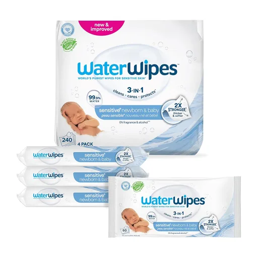 WaterWipes Sensitive+ Newborn & Baby Wipes, 3-In-1 Cleans, Cares, Protects, 99.9% Water, Unscented & Hypoallergenic, 240 Count (4 Packs)