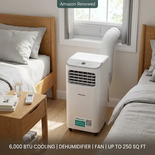 Hisense Portable Air Conditioner 6,000 BTU Cooling Dehumidifier Fan for Smaller Room up to 250 sq ft, Remote Control, White (Renewed)