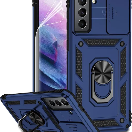 for Samsung Galaxy S21 Plus Case with Camera Lens Cover HD Screen Protector, Military-Grade Drop Tested Magnetic Ring Holder Kickstand Protective Phone Case for Samsung Galaxy S21+ Plus 5G (Navy Blue)