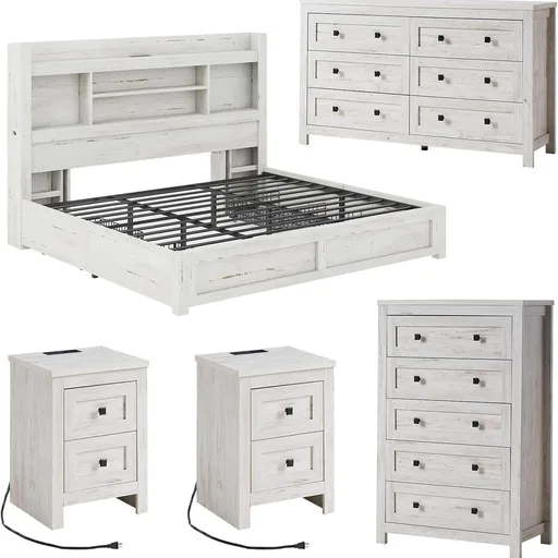 LUXOAK 5-Piece Farmhouse King Bedroom Furniture Set, LED Storage Bed Frame with Bookcase Headboard & Charging Station, 6-Drawer Dresser, 5-Drawer Tall Chest, Set of 2 Nightstands, Distressed White