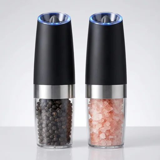 UNNEES Battery Operated Gravity Electric Salt and Pepper Grinder Set, Automatic Salt and Pepper Grinder Set, Adjustable Roughness,12 Batteries Required, LED Light, 2 Pack, (Black)
