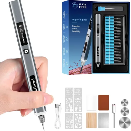 Cordless Engraving Pen with 48 Kits & LED Screen, 5-Speed Engraver Pen for Metal, Wood, Glass, Plastic & All Materials, USB Rechargeable Craft Gift for Teens, Adults and Beginners (Silver)