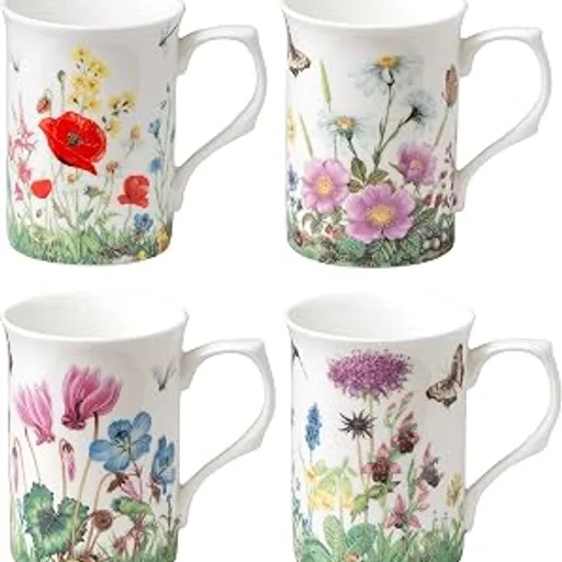 Bone China Coffee Tea Mugs 9-Ounce, Assorted Set of 4 (Meadow)
