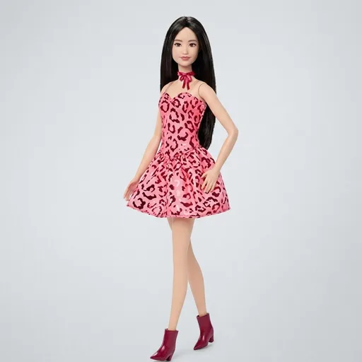 BarbieFashionistas Doll #246 with Black Hair, Leopard Themed Outfit | Wearing Pink Leopard Print Strapless Dress with Accessories like Tie Necklace and Boots