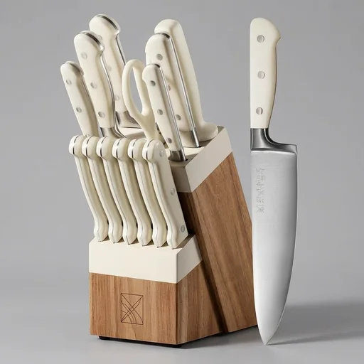 CAROTE 14-Piece Knife Set with Wood Block, Rust-Resistant, Cream