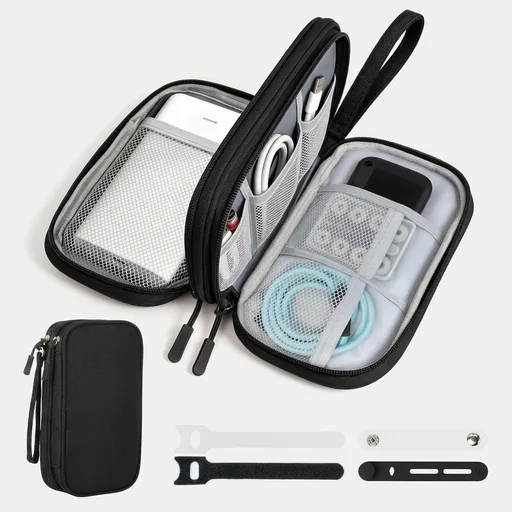 Travel Essentials Electronics Organizer, Double Layers Cable Organizer Bag for 3ft+ Cords, Waterproof Tech Pouch for Charger, Phone & Airplane Gadgets, Black