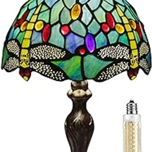 8'' Stained Glass Table Lamp, Vintage Desk Bedside Night Light | Stained Glass Crystal Bead Style Table Light, Handmade Antique Art Craft Gifts, for Living Room