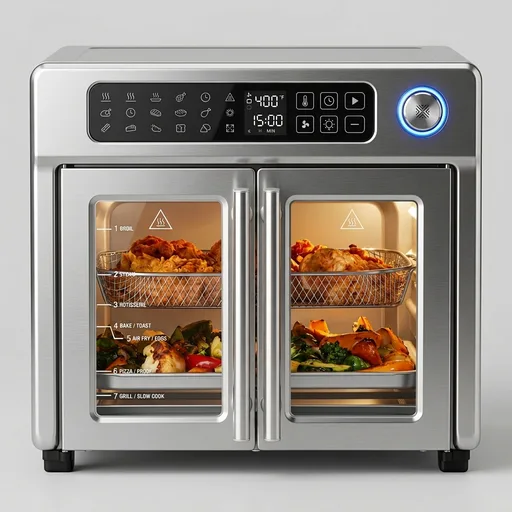 Emeril Lagasse Extra Large French Door Air Fryer Toaster Oven Combo, 24 Cooking Functions and Digital Controls, 7 Accessories Included, Stainless Steel Finish, 26QT Capacity