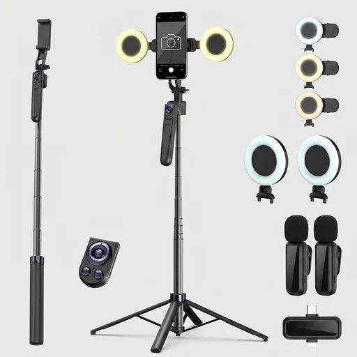 Vlogging Kit for iPhone/Android, 63”Auto Face Tracking Tripod for iPhone with Light, Wireless Microphones, Scrolling Remote Control for TikTok, Content Creator Kit for YouTube Starter