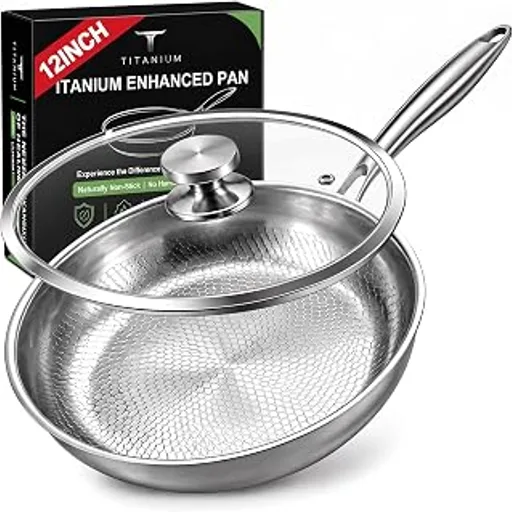 12" Titanium Pans for Cooking with Lid, Pure Titanium Frying Pan Pro