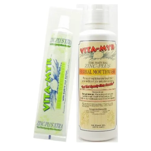 VITA-MYR Value Package 6 – 1 Tube 5.4 Oz Zinc+ Xtra Natural Toothpaste & 1-16 Oz Natural Mouthwash. Gluten Free. Vegan. No SLS, No Sugar, Fluoride, Alcohol or Saccharin
